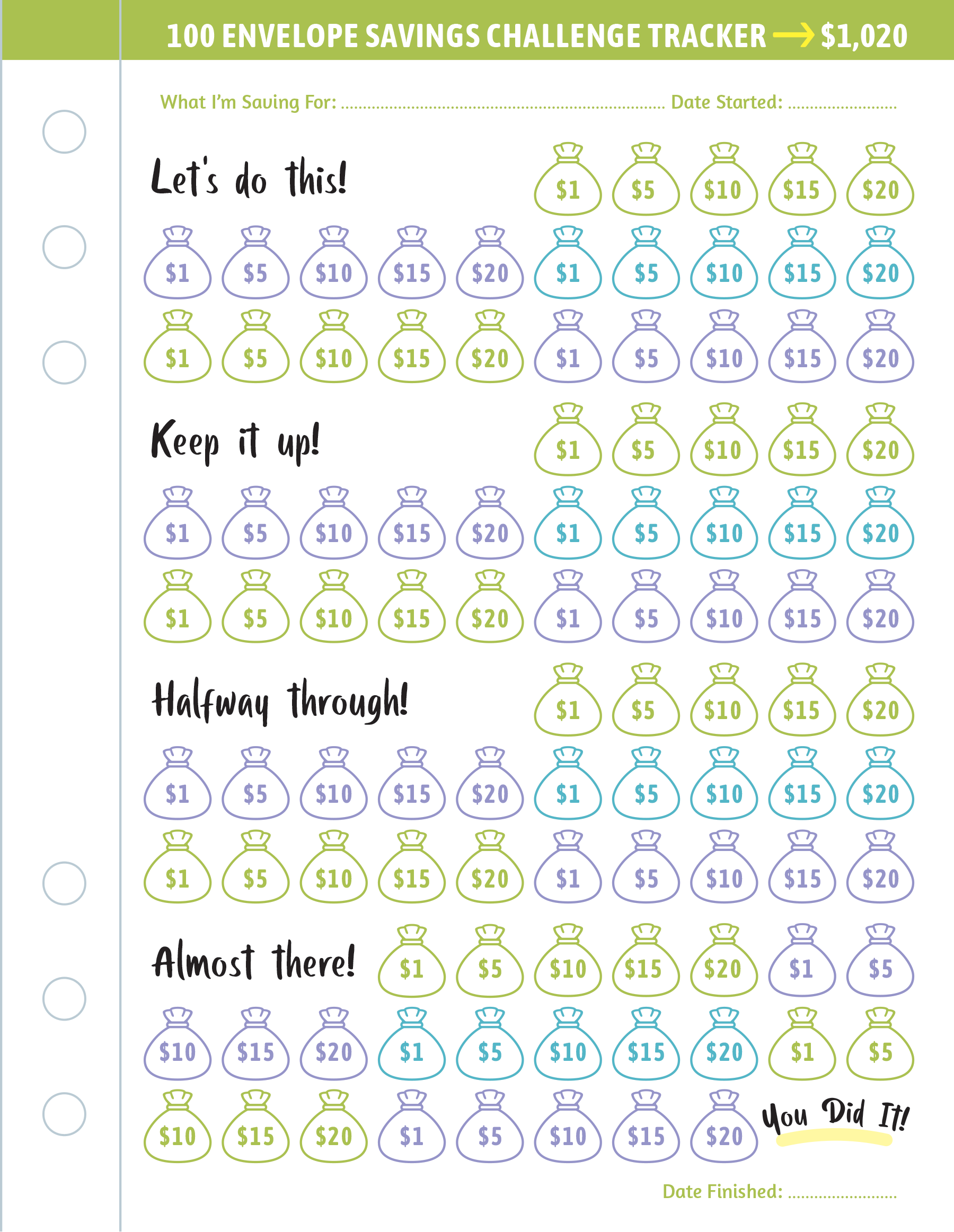 My 100 Envelope Savings Challenge Binder