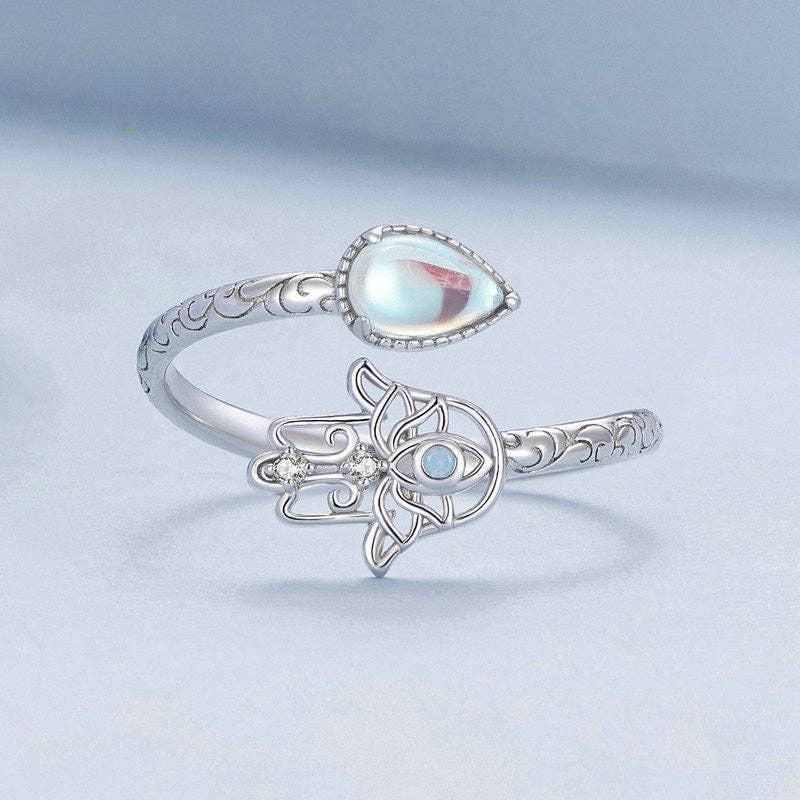Opal Hamsa Hand Of Fatima Bypass Ring in 925 Sterling Silver