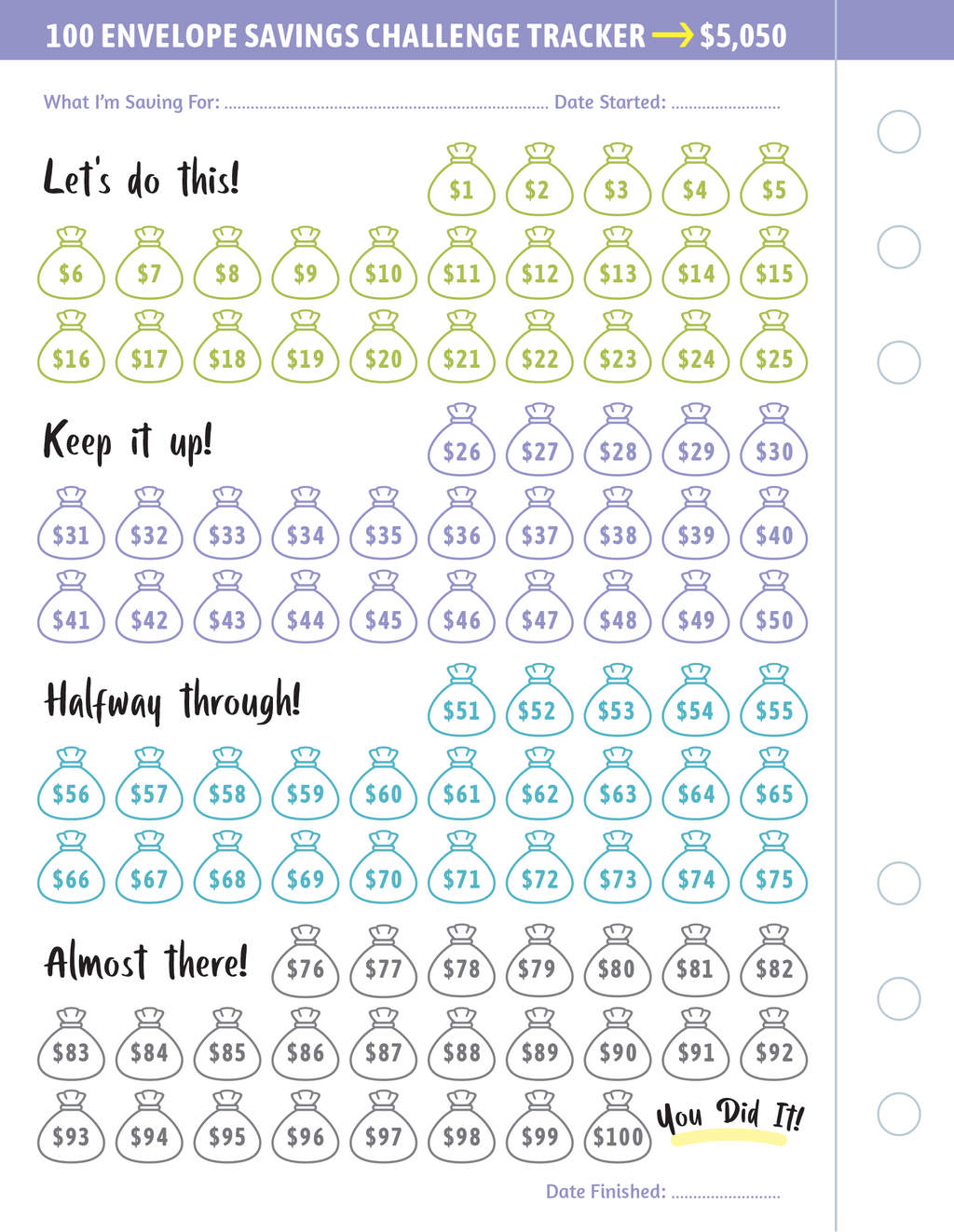 My 100 Envelope Savings Challenge Binder