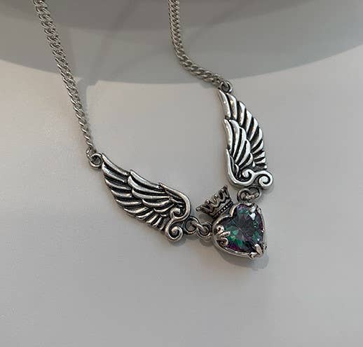 Silver Angel Wings with Heart Multicolored Stone