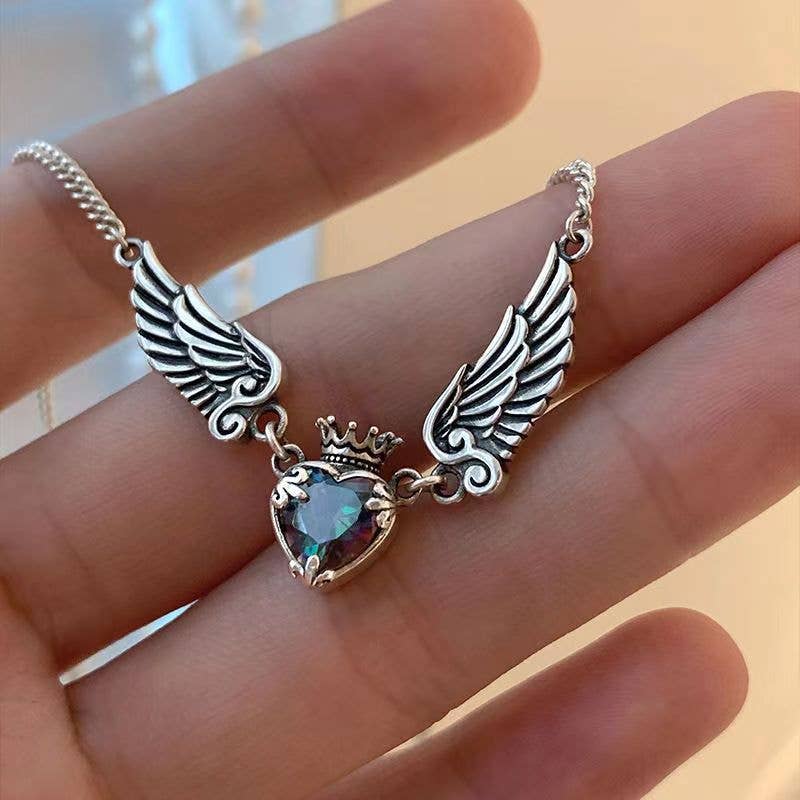 Silver Angel Wings with Heart Multicolored Stone