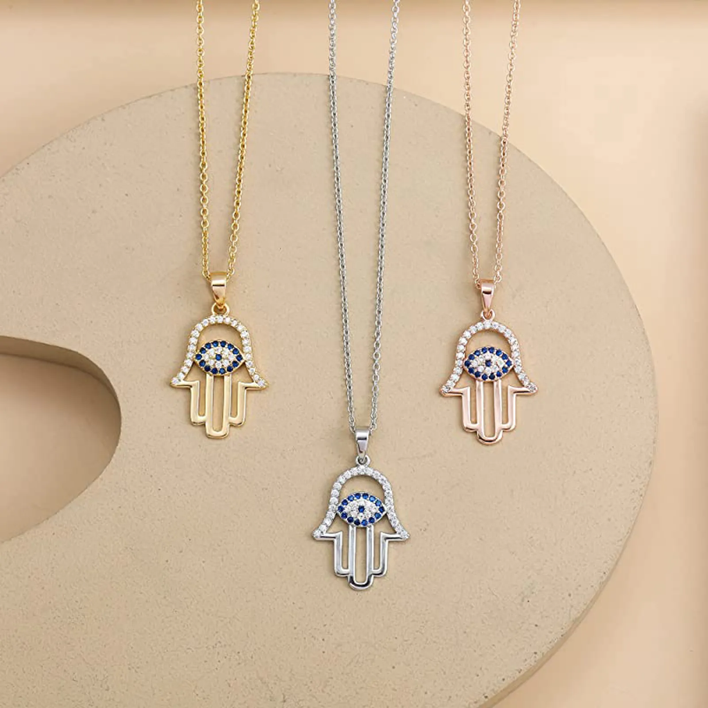 925 Sterling Silver Hamsa Hand Necklace with Evil Eye 