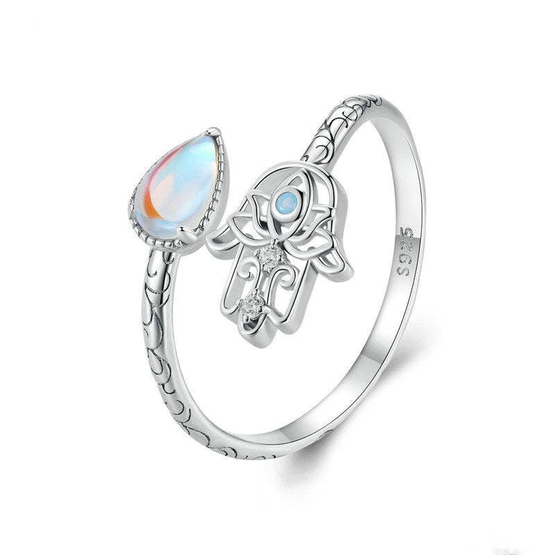 Opal Hamsa Hand Of Fatima Bypass Ring in 925 Sterling Silver