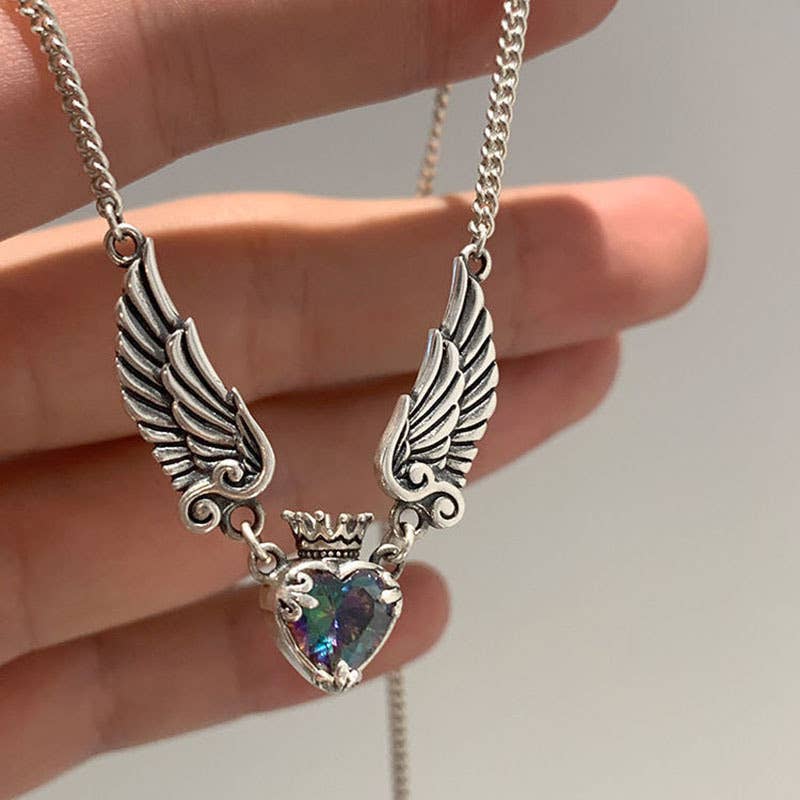 Silver Angel Wings with Heart Multicolored Stone