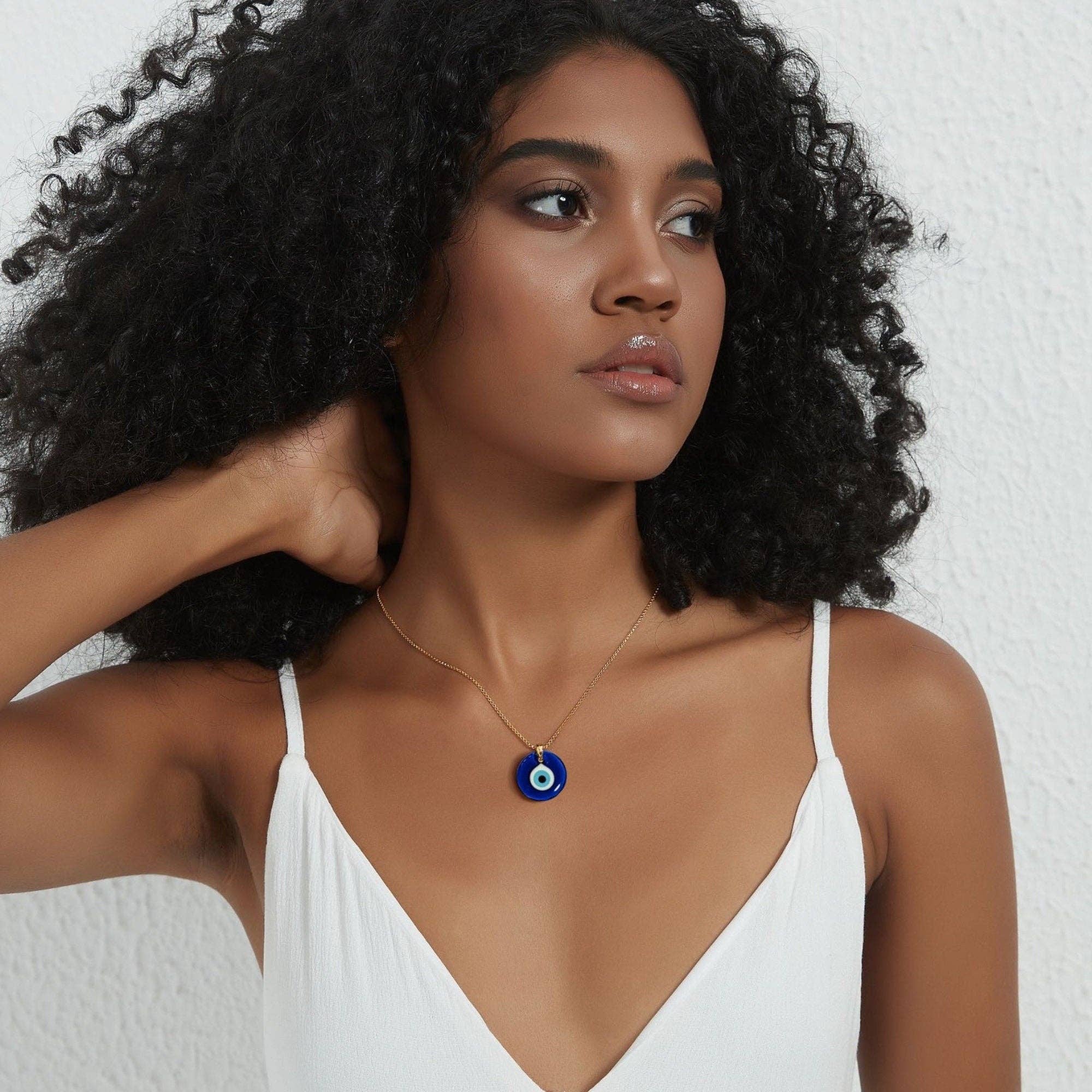 Evil Eye Blue Glass Charm Necklace in 925 Sterling Silver