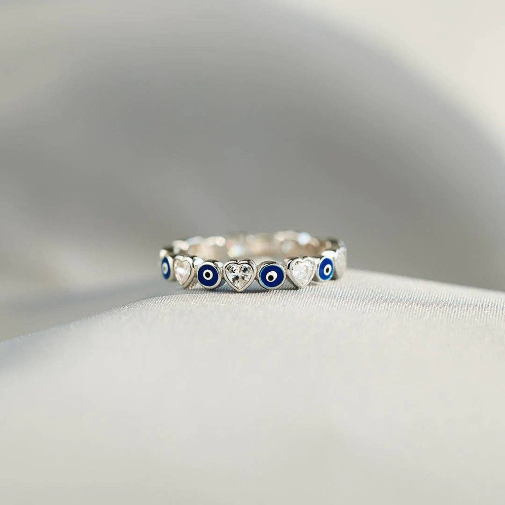 Turkish Evil Eye Heart Eternity Ring in 925 Sterling Silver