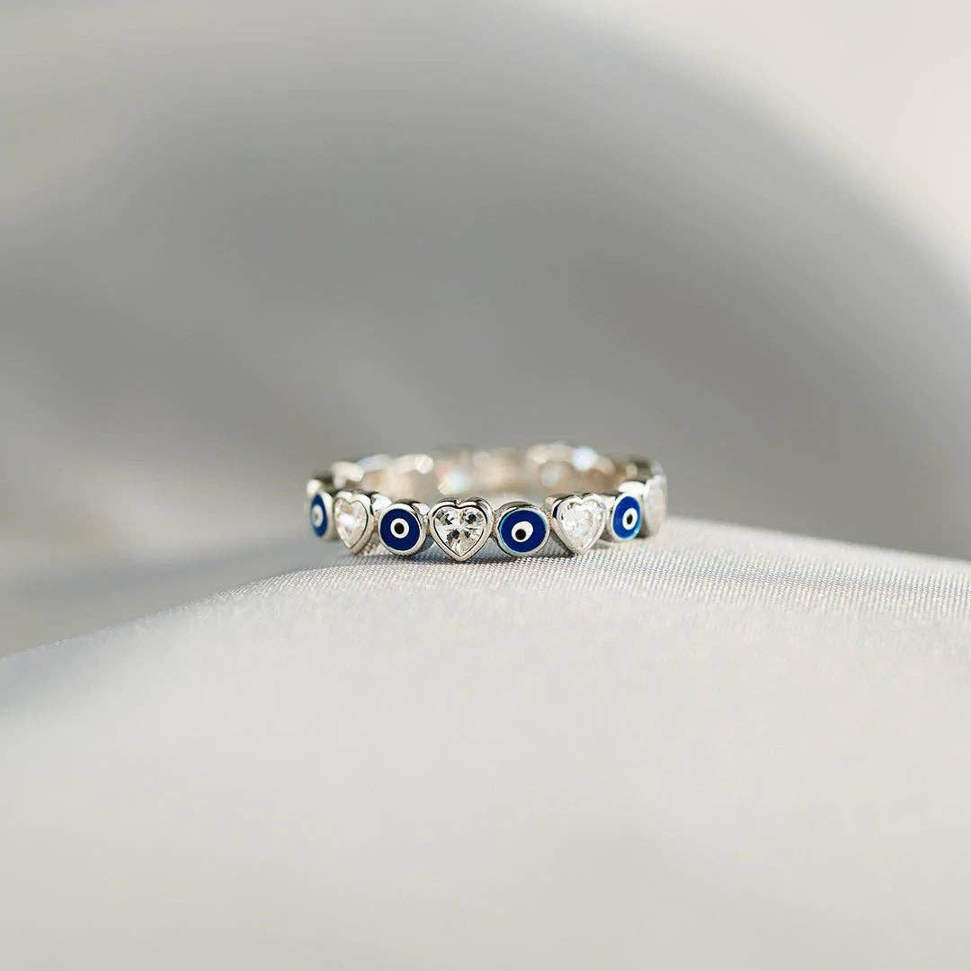 Turkish Evil Eye Heart Eternity Ring in 925 Sterling Silver