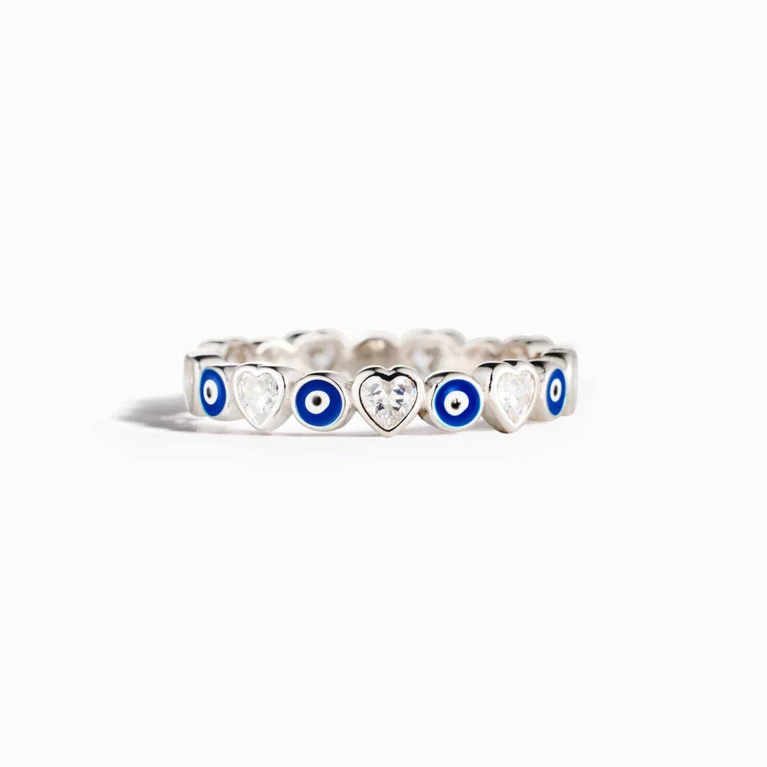 Turkish Evil Eye Heart Eternity Ring in 925 Sterling Silver