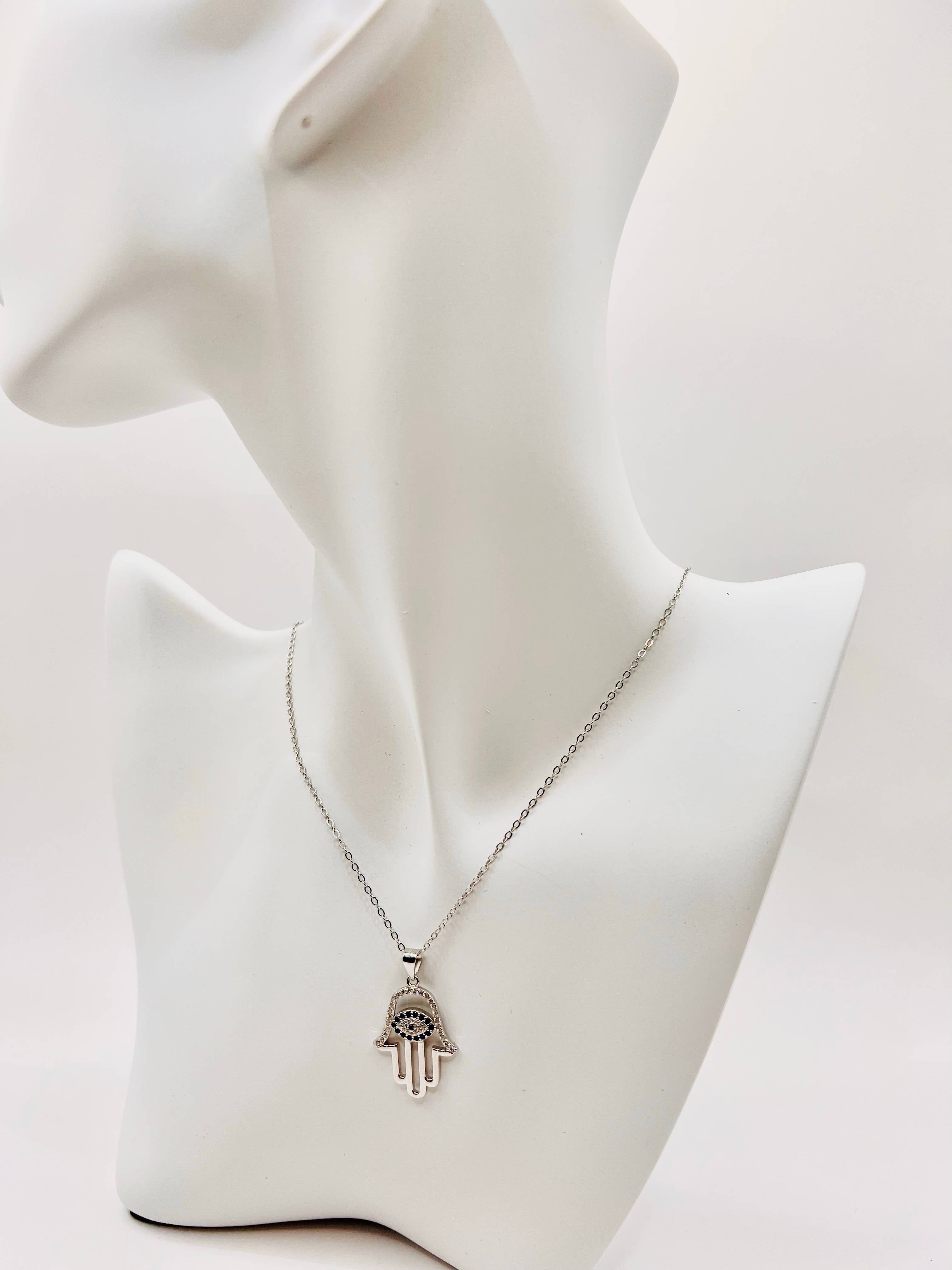 925 Sterling Silver Hamsa Hand Necklace with Evil Eye 