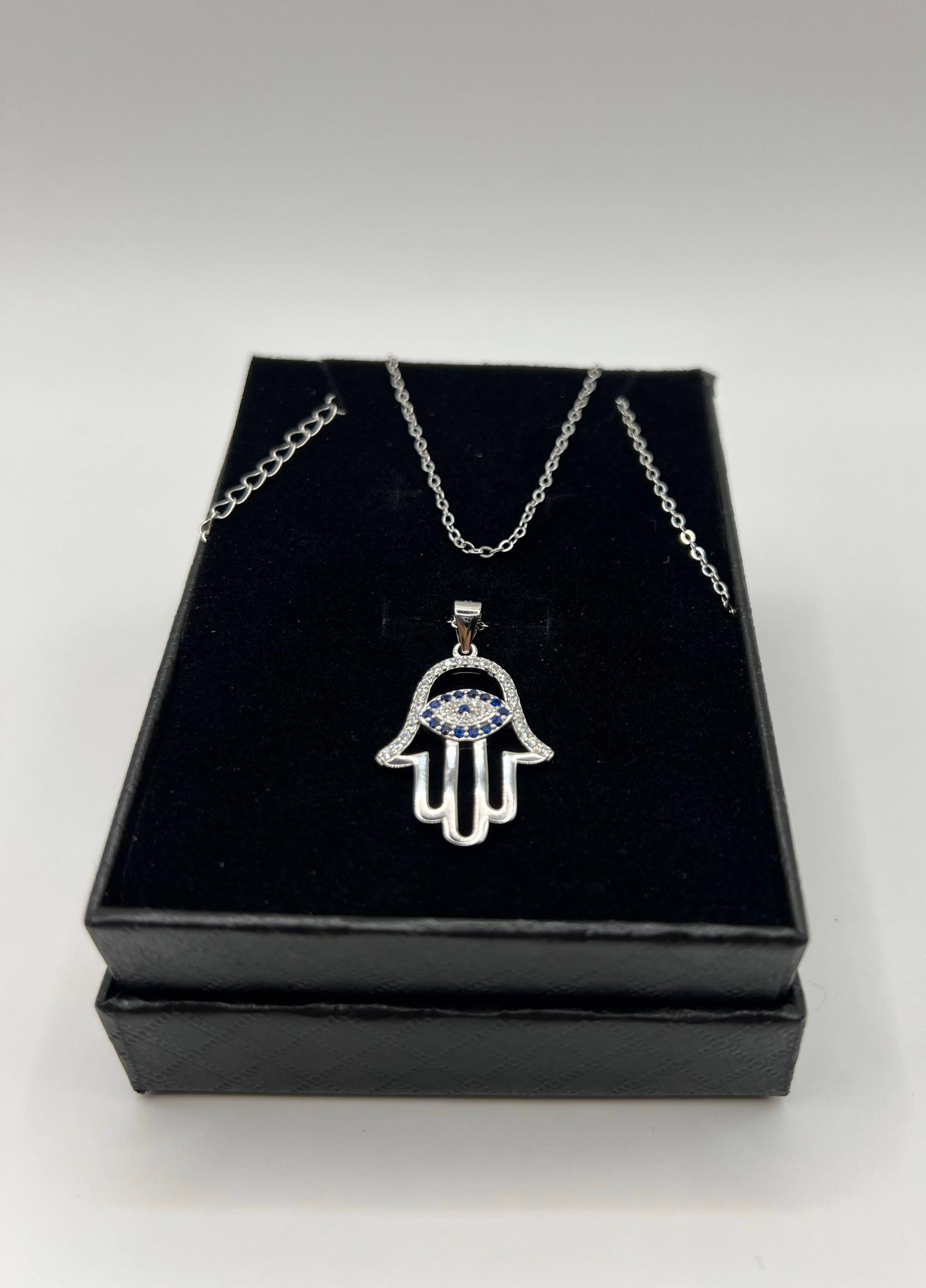 925 Sterling Silver Hamsa Hand Necklace with Evil Eye 