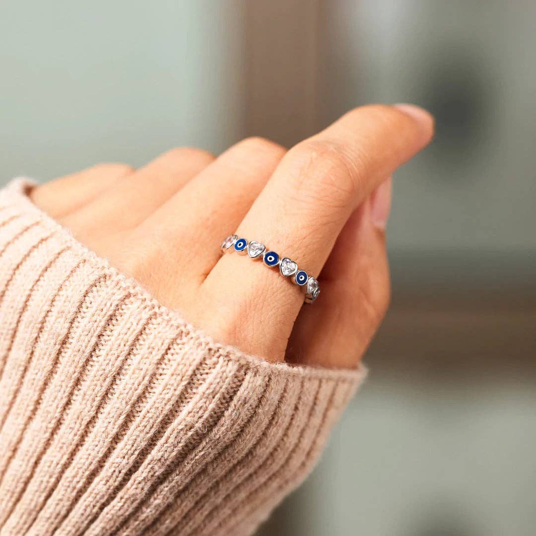 Turkish Evil Eye Heart Eternity Ring in 925 Sterling Silver