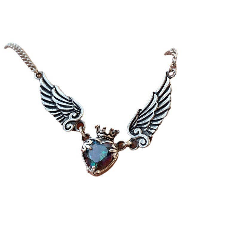 Silver Angel Wings with Heart Multicolored Stone
