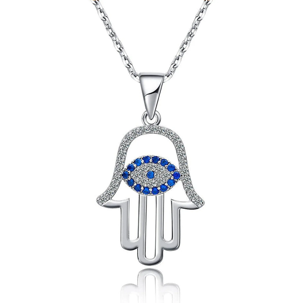 925 Sterling Silver Hamsa Hand Necklace with Evil Eye 