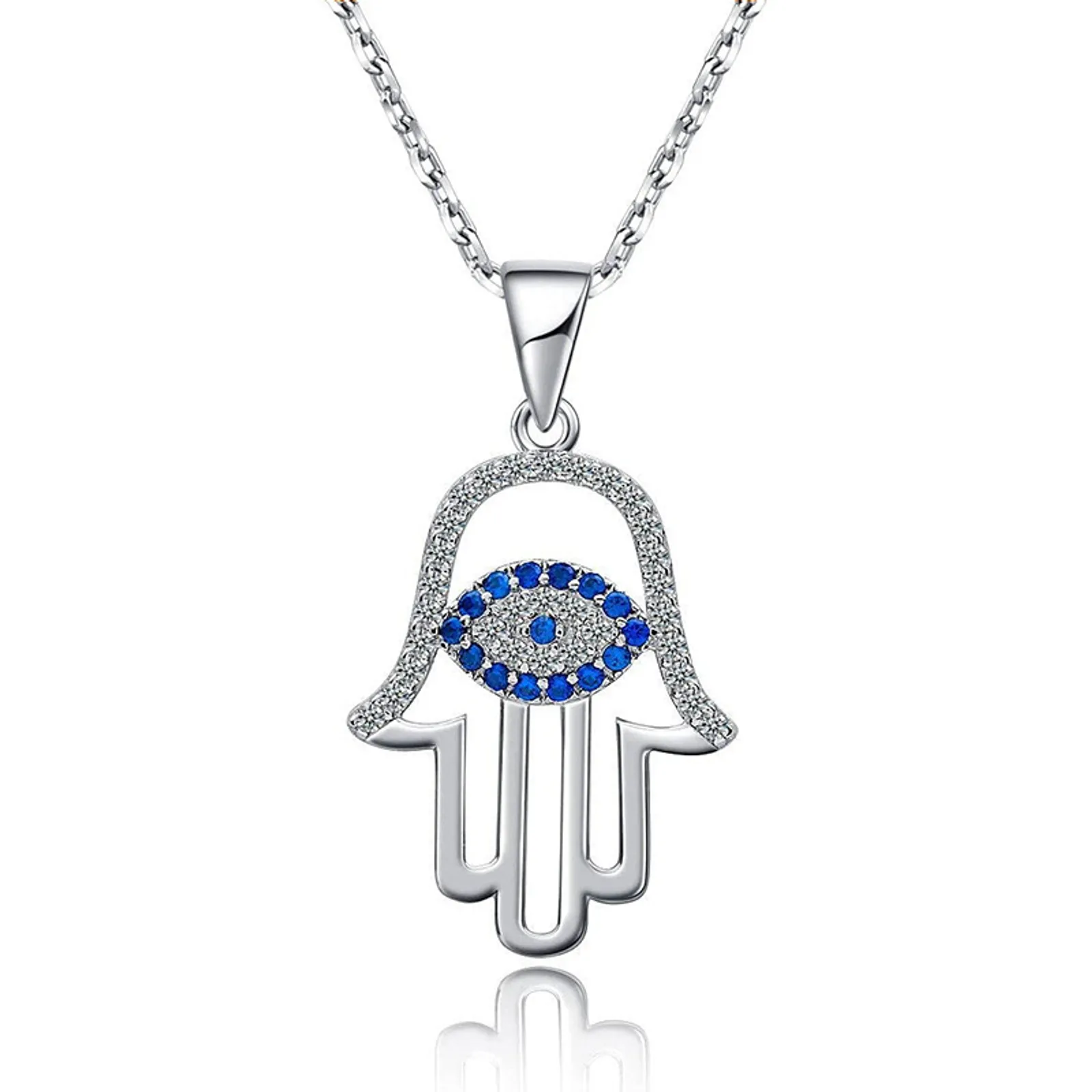 925 Sterling Silver Hamsa Hand Necklace with Evil Eye 