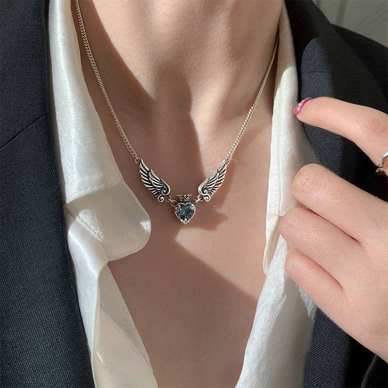 Silver Angel Wings with Heart Multicolored Stone