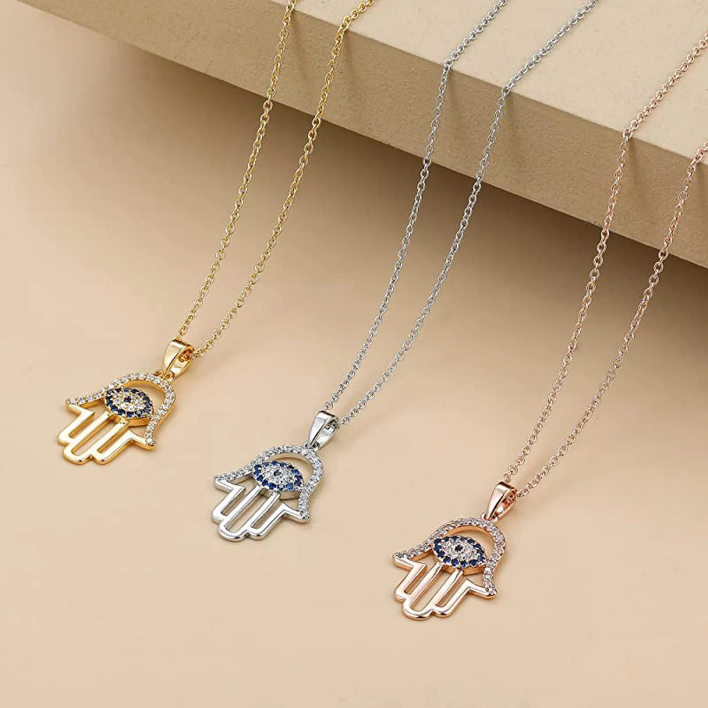 925 Sterling Silver Hamsa Hand Necklace with Evil Eye 
